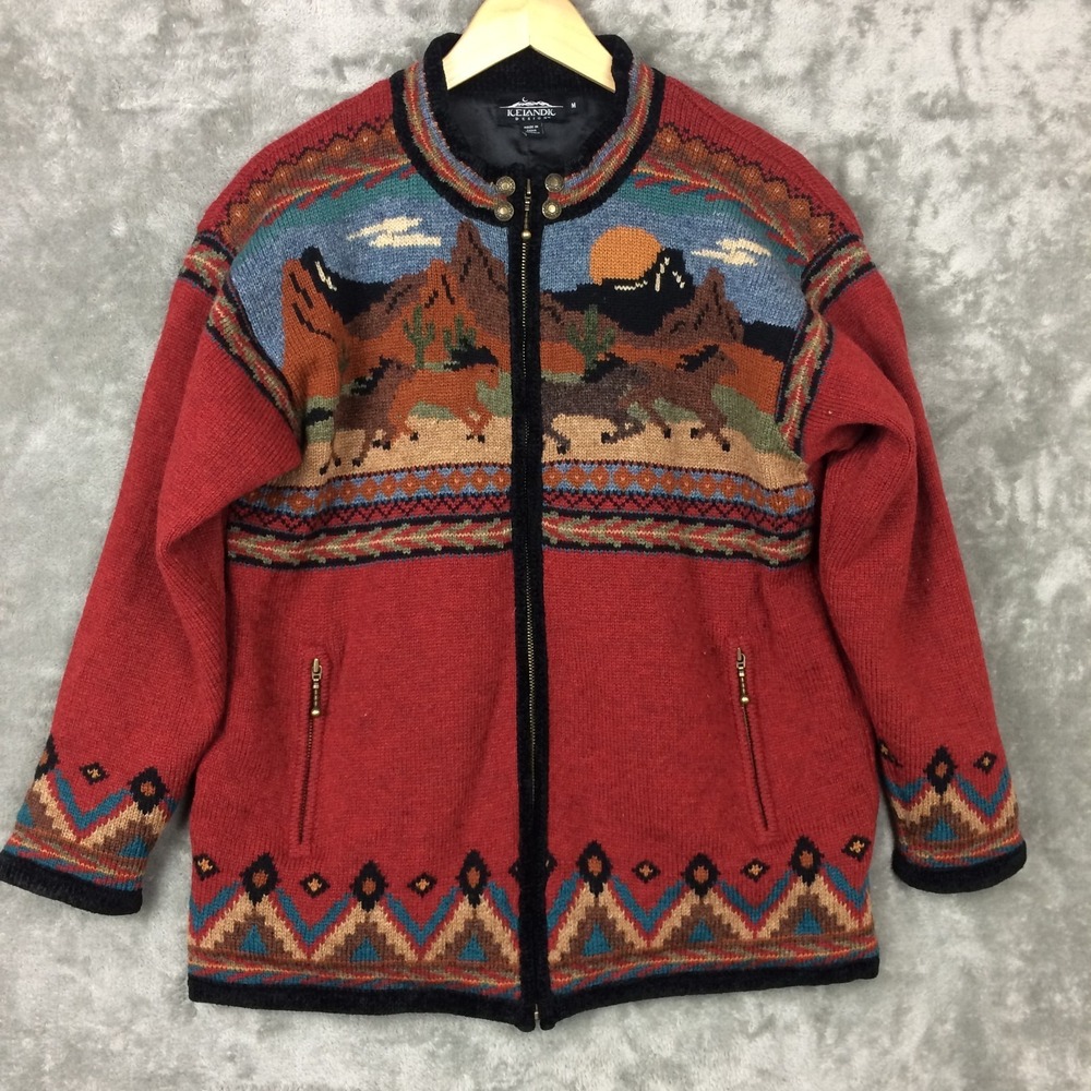 Icelandic Design Wool Cardigan Sweater Womens Medium Horses Equestrian Western